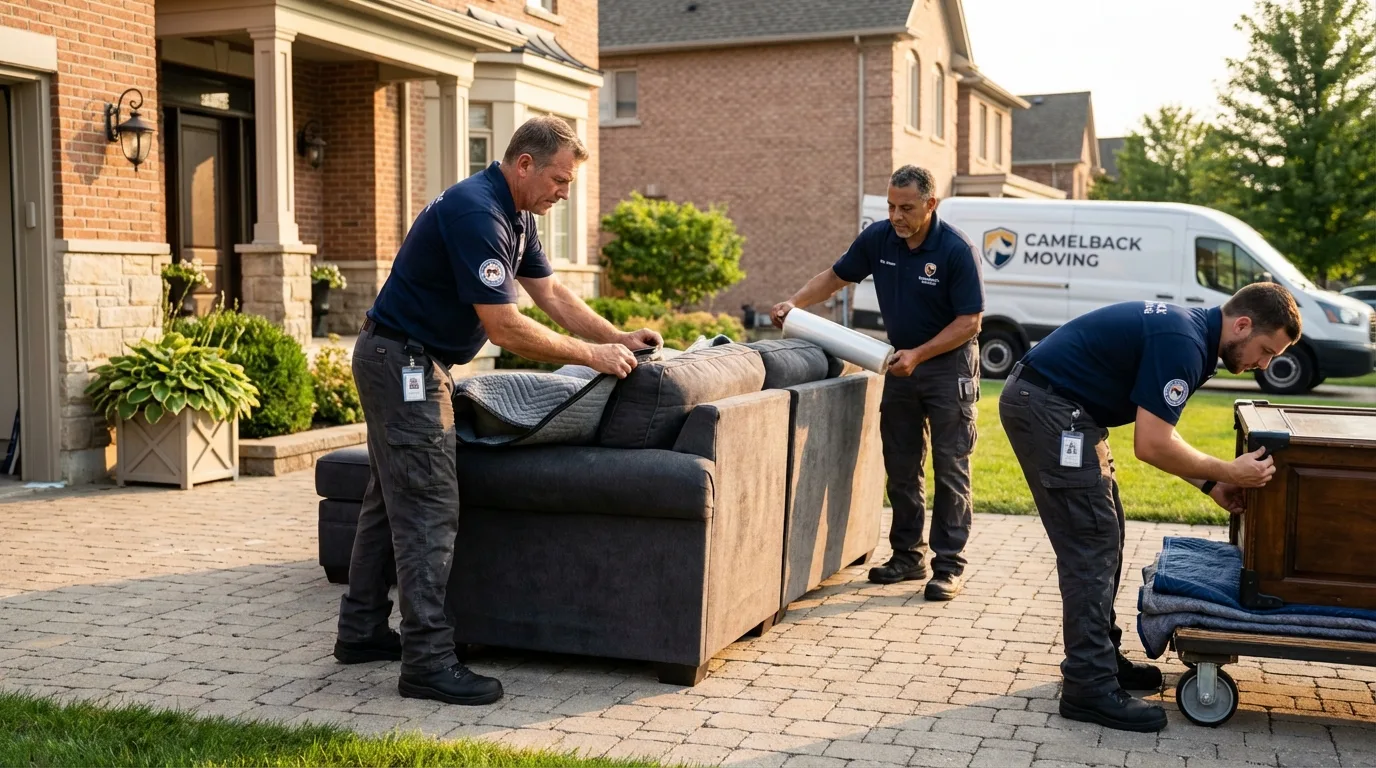 Large estate moving crew wrapping furniture in Manhasset, NY