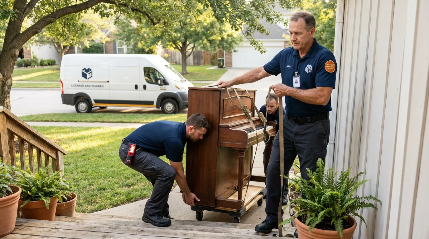 Licensed piano movers securing grand piano in Manhasset, NY