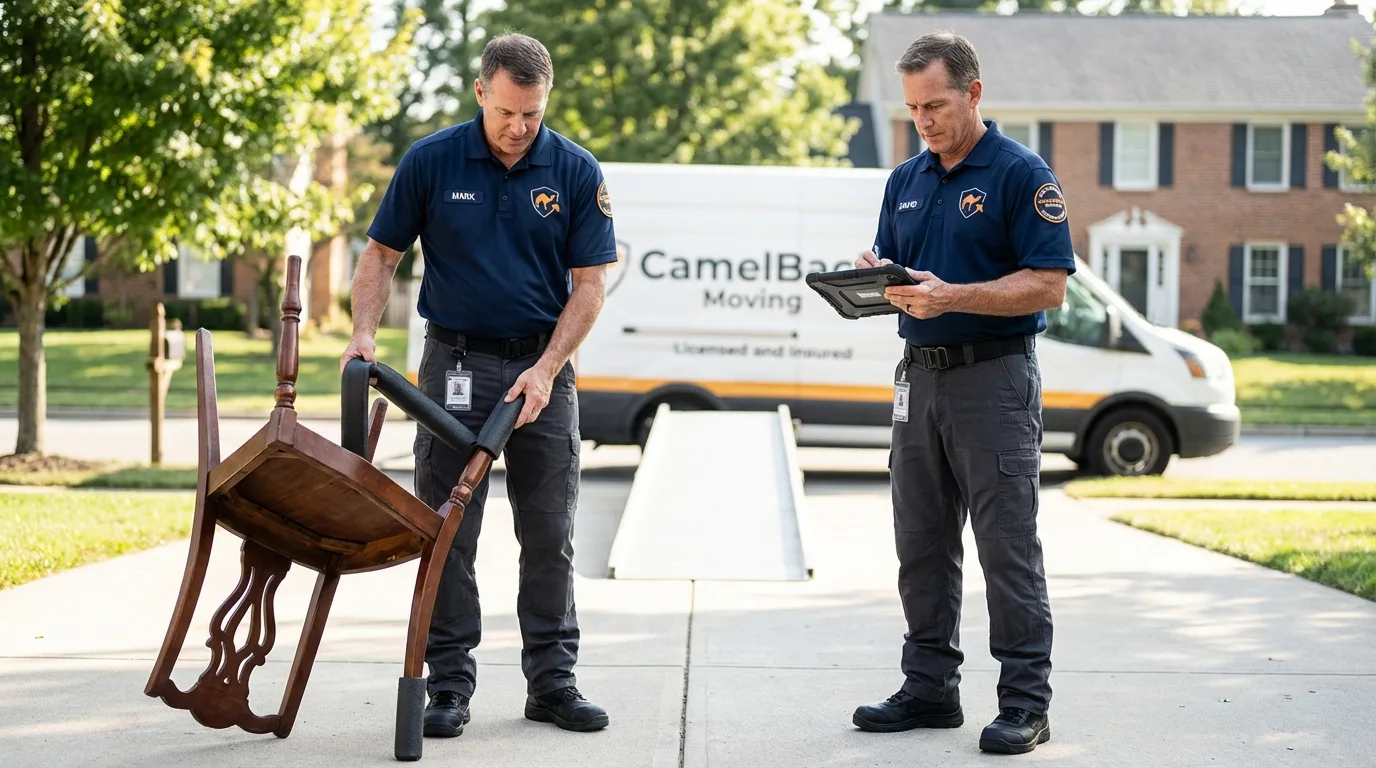 Movers inspecting furniture for damage prevention before loading in Manhasset, NY