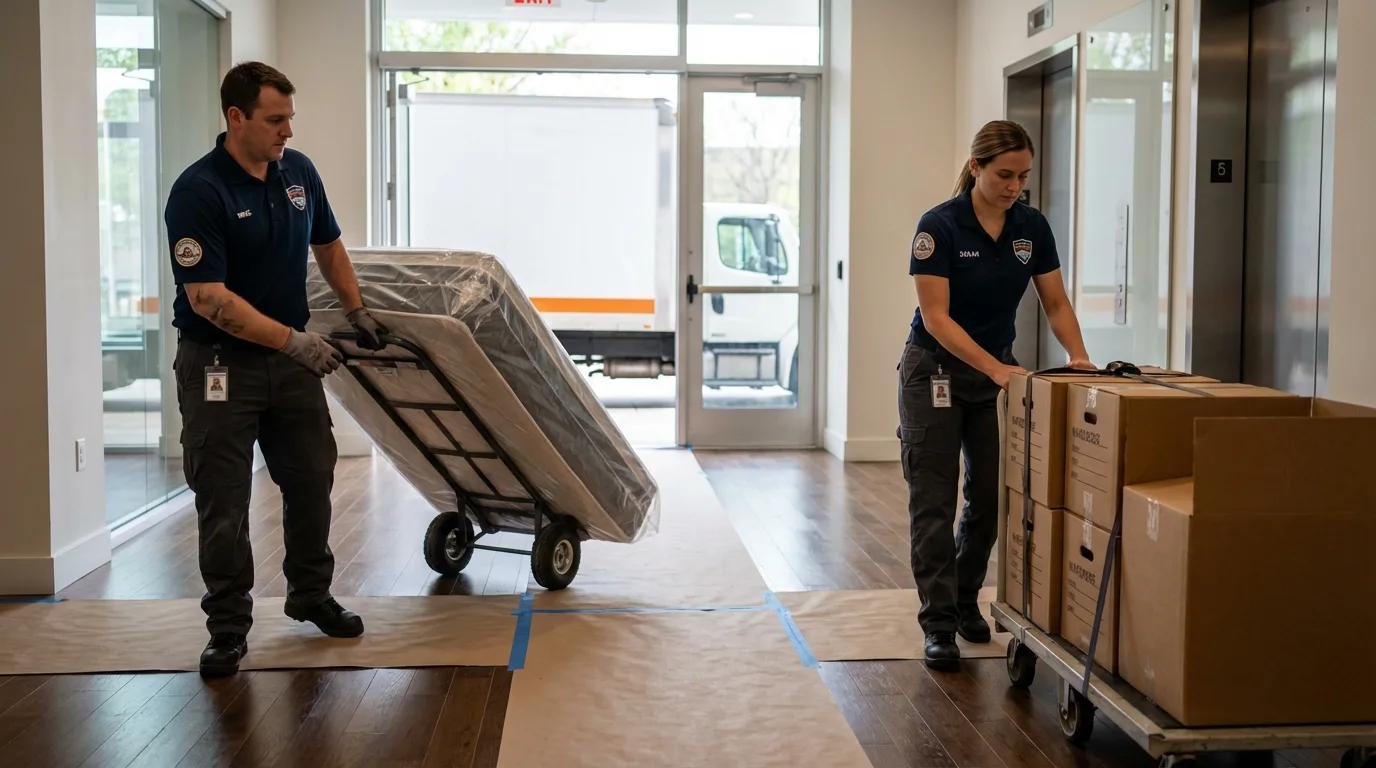 Professional apartment movers loading elevator in Manhasset, NY